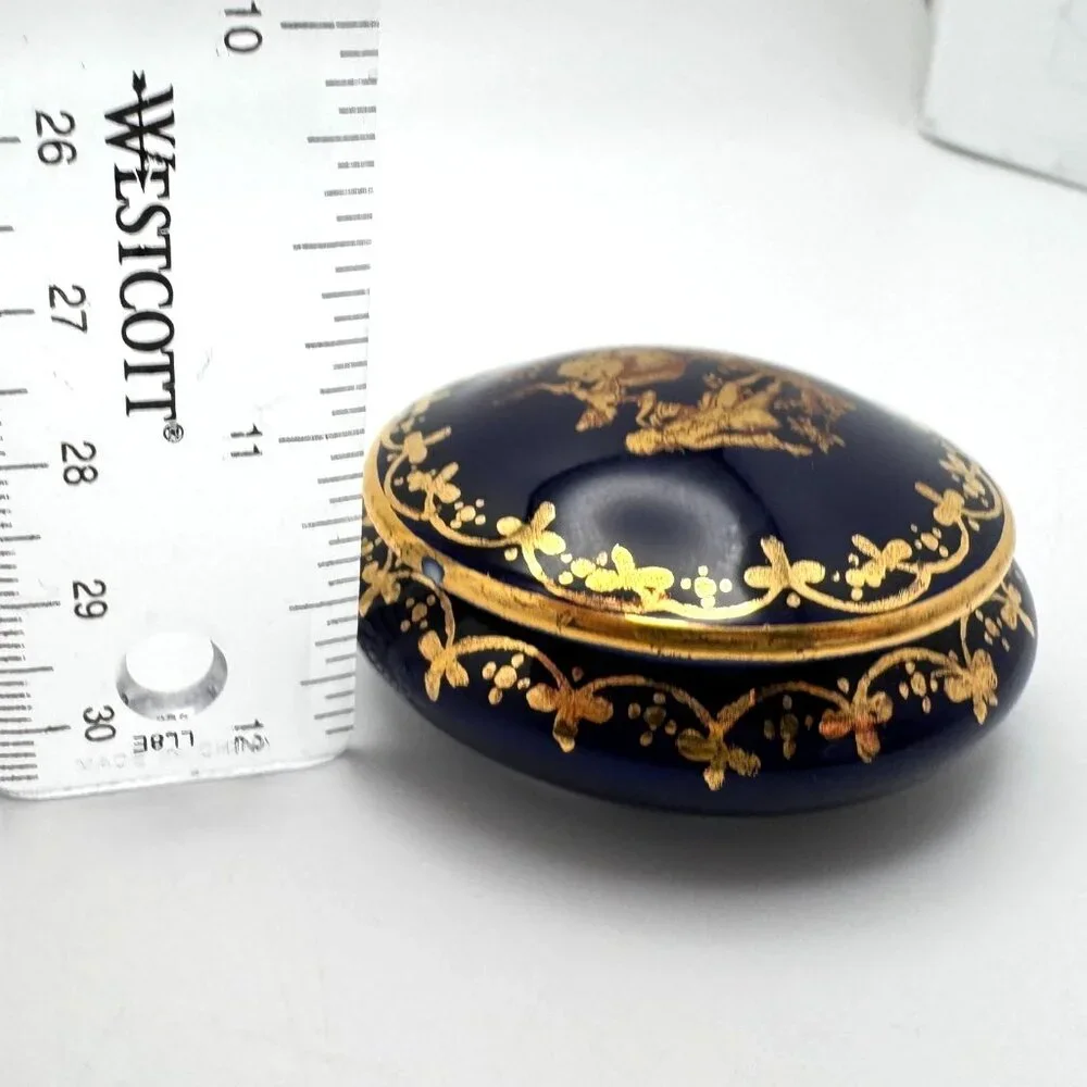 Limoges France Blue Courting Couple Trinket Pill Box Gold Trim Signed Vintage